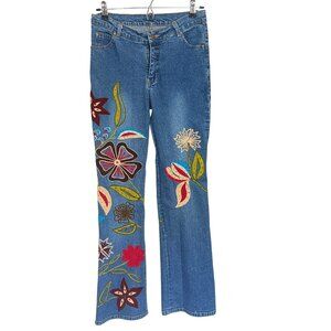 Blue Denim Embroidered Womens Jeans Size 28 Floral Pattern Mid Rise Straight Fit